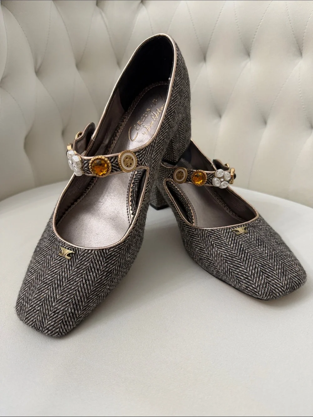 Circus NY Womens Herringbone Mary Jane Flats with Amber and Pearl Accent